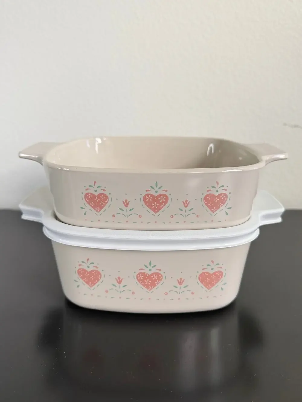 Vintage CorningWare casserole baking dishes Forever Yours pattern pink heart lid